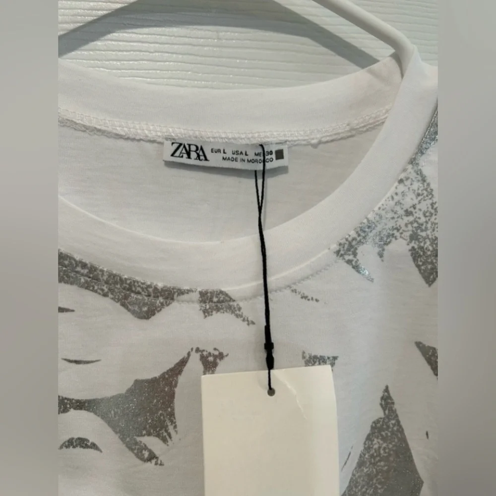 Zara Silver Metallic Floral Foil White T-shirt | Short Sleeves | XL | NWT - Picture 11 of 15